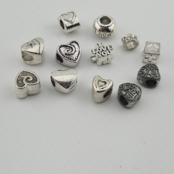 12-Piece Silver Tone Heart & Love European Beads Mixed Lot for Bracelets - Picture 2 of 2